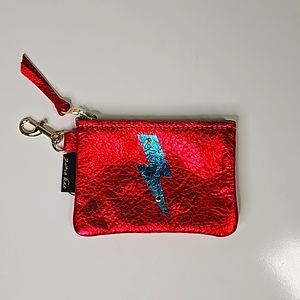 Zina Kao Small Leather Pouch NWT  Red Leather Turquoise Lightening Bolt